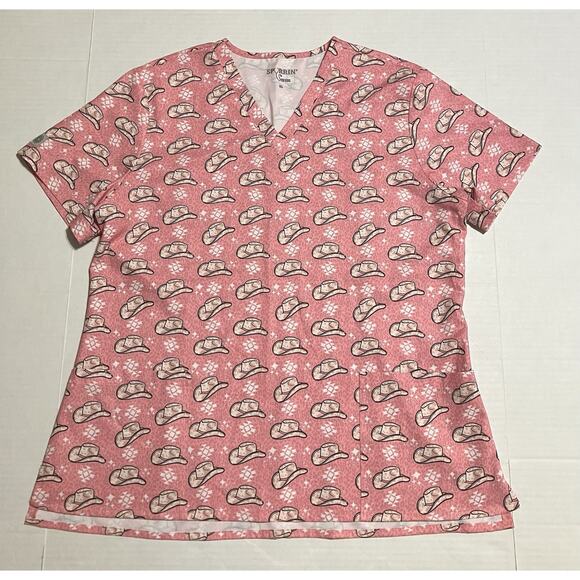 Spurrin’ Scrubs Tops - Womens Spurrin’ Scrubs Medical Scrub Top Western Cowboy Cowgirl Hat Pink XL READ